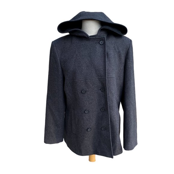 Esprit Wool Hooded Pea Coat Gray Outerwear Nautical Neutral Classic Preppy-L - Picture 9 of 14